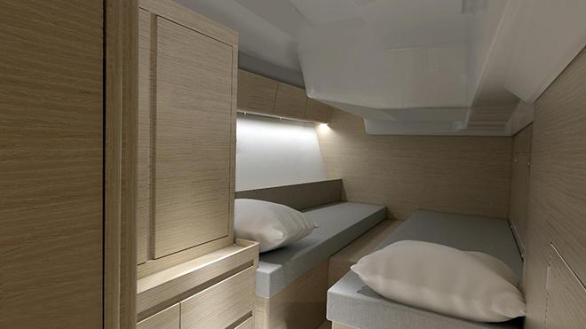 Xp 55 aft cabin with new berth design. Two singles can be transformed into a large double with a fill-in piece. © X-Yachts